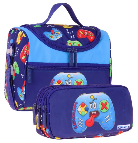 Kaukko Kids Erkek Çocuk Good Game Baskılı Lacivert - Kırmızı Thermo Beslenme Çantası ve Kalemlik Seti - SETKK-L5390 ürün görseli 1