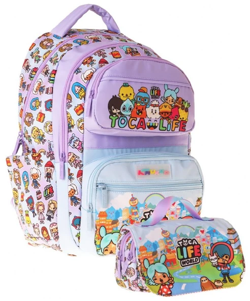 Kaukko Kids Toca Life Lila - Turkuaz Kız Çocuk İlkokul Sırt Çantası ve Kalem Çantası Seti - SETKK-L5338C ürün görseli 1