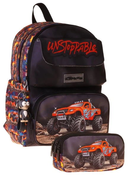 Kaukko Kids Soil Truck Siyah - Kırmızı Erkek Çocuk İlkokul Sırt Çantası ve Kalem Çantası Seti - SETKK-L5359C ürün görseli 1