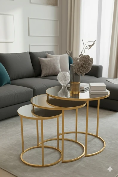 Usta Gold Metal Gümüş (DÜZ) Aynalı 3lü Zigon Sehpa ürün görseli 1
