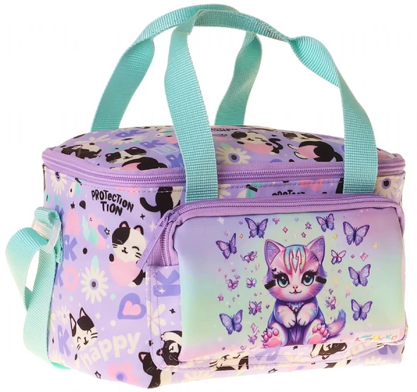 Kaukko Kids İki Bölmeli Thermo Okul Beslenme Çantası - Mor Kedi Desenli Yeşil - Mor Renk (Kız Çocuk) - L5289 ürün görseli 1