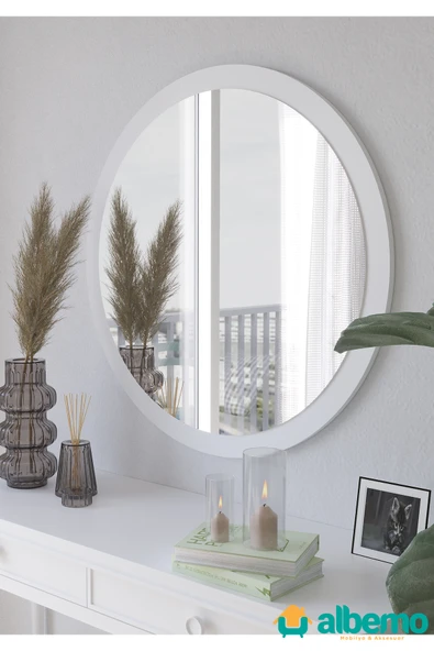 Beyaz Ahşap Dekoratif Yuvarlak Antre Hol Koridor Duvar Salon Mutfak Banyo Wc Ofis Aynası 42 Cm ürün görseli 1