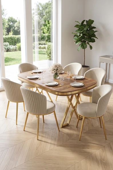 Nisare Serisi 90x168 Lak Panel Hazar Masa Takımı Gold Ayaklı 6 Sandalye ürün görseli 1