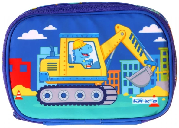 Kaukko Kids Dinazor ve İş Makinesi Baskılı Mavi - Sarı Erkek Çocuk Organizer Kalem Çantası - Kalemlik - L5374 ürün görseli 1