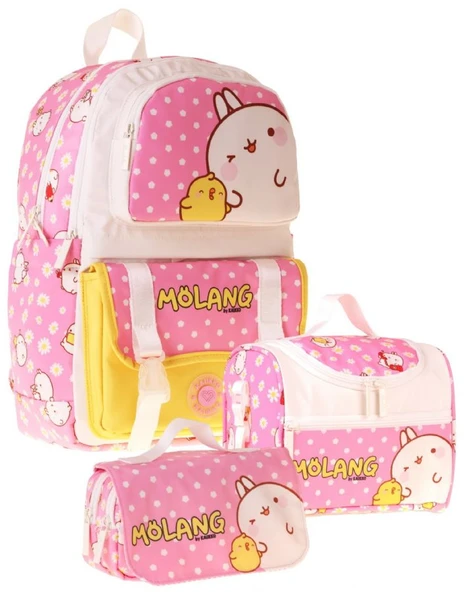 Kaukko Kids Molang(Pembe - Sarı Renk) Kız Çocuk Üçlü İlkokul Okul Çantası Seti/Takımı - SETKK-L5318A ürün görseli 1