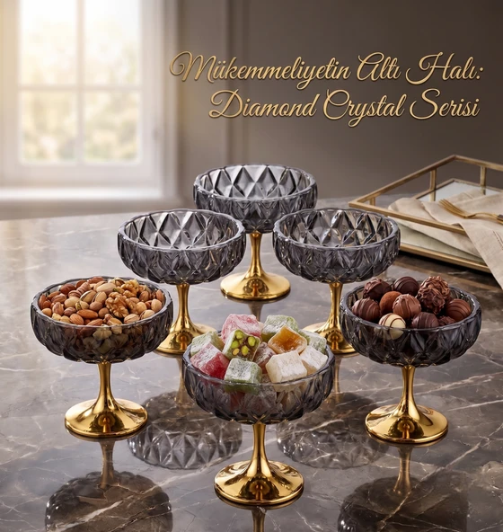 Diamond Crystal Serisi Altın Ayaklı Füme Cam Lokumluk & Çerezlik Seti - 6'lı ürün görseli 1