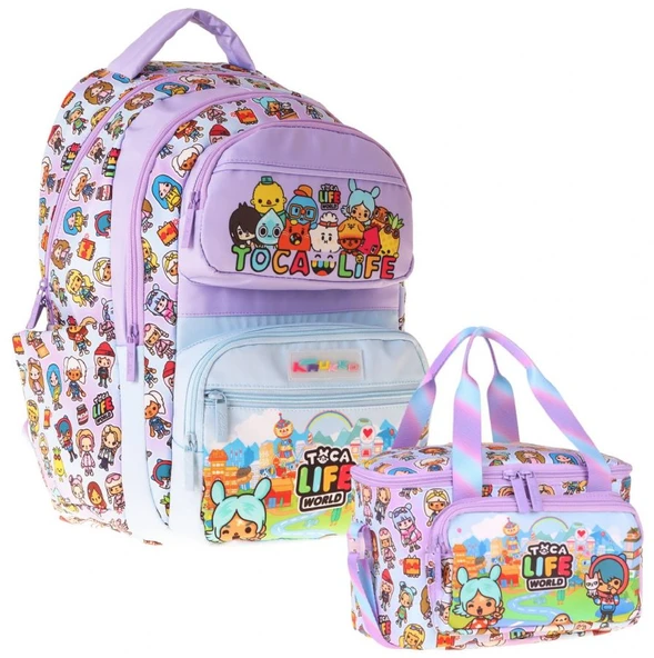 Kaukko Kids Toca Life Kız Çocuk Lila - Turkuaz İlkokul Sırt Çantası ve Beslenme Çanta Seti - SETKK-L5338B ürün görseli 1
