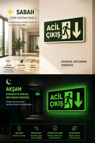 Acil Çıkış-EXIT Aşağı Yön Tabelası 12x25 cm Fotolümenli – Karanlıkta Parlayan ürün görseli 1