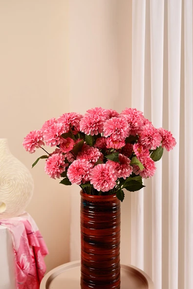 Pembe Yapay Dahlia Yıldız Çiçeği 3 Dallı Lüx İpeksi Dokulu 75 cm ürün görseli 1
