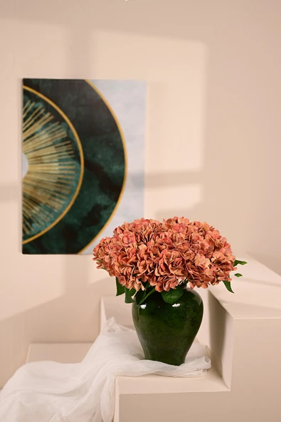 Koyu Turuncu Yapay  Ortanca Çiçeği 5 Dallı Premium Canlı Islak Dokulu 42 cm ürün görseli 1