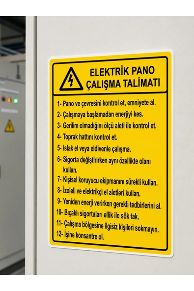 Elektrik Pano Çalışma Talimatı Uyarı İkaz Levhası Dekota PVC 25x35 cm UV Baskı Kolay Montaj ürün görseli 1