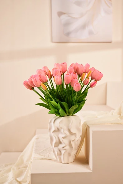 Pembe Yapay Tulipa Lale Çiçeği Buketi 5 Dallı Premium Canlı Islak Dokulu 43 cm ürün görseli 1