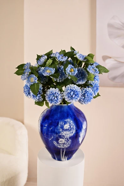 Mavi Yapay Dahlia Yıldız Çiçeği 2 Dallı Lüx İpeksi Dokulu 65 cm ürün görseli 1