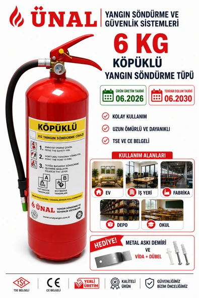 6 kg Köpüklü Yangın Söndürme Tüpü 2026 Üretim 2030 Dolum Metal Askı Hediyeli Ev İş Yeri ürün görseli 1