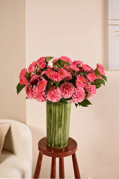 Pembe Yapay Dahlia Yıldız Çiçeği 2 Dallı Lüx İpeksi Dokulu  65 cm ürün görseli 1