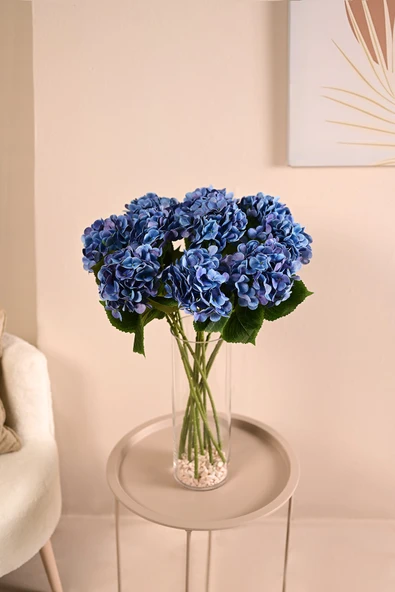 Saks Mavi Yapay  Ortanca Çiçeği Tek Dal Premium Canlı Islak Dokulu 68 cm ürün görseli 1