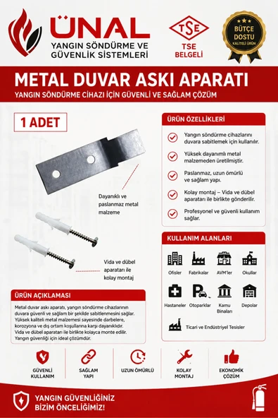 Yangın Söndürme Tüpü Metal Duvar Askı Aparatı 1 Adet Vidalı Dübelli TSE Belgeli Yangın ürün görseli 1