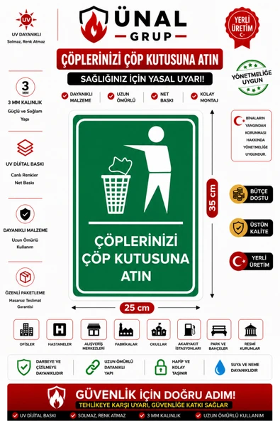 Çöplerinizi Çöp Kutusuna Atın Uyarı Levhası 25x35 cm Kolay Montaj İkaz Tabelası PVC ürün görseli 1