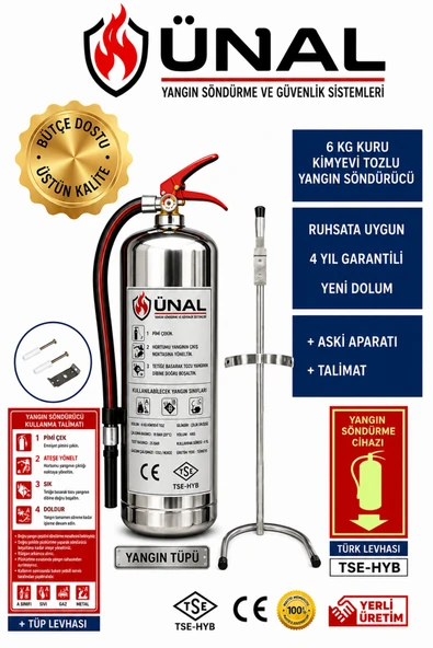 6 kg Kuru Kimyevi Tozlu Yangın Söndürücü Krom Tüp Standlı Askı Aparatlı ürün görseli 1