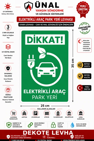 Dikkat Elektrikli Araç Park Yeri ( Kalın ,) Uyarı Levhası 25x35 cm 3.5 mm Dekota İkaz ürün görseli 1