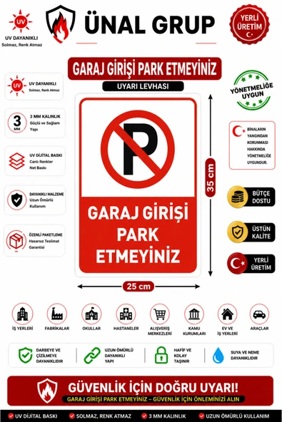 Garaj Girişi Park Etmeyin Uyarı İkaz Levhası Park Yasak Levhası 25x35 cm Kolay Montaj ürün görseli 1