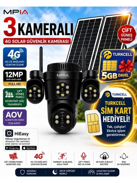 MPIA KOTO 12MP 3 Lens 4G Çift Solar Panel HiEasy AOV (Sürekli Kayıt) Gece Görüş Çift Yönlü Ses Turkcell Sim Kart ürün görseli 1