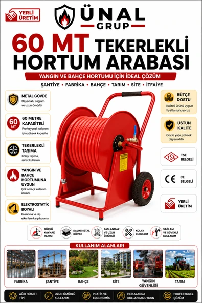 60 Metre Tekerlekli Yangın ve Bahçe Hortum Arabası Metal Hortum Sarma Makarası Şantiye ürün görseli 1