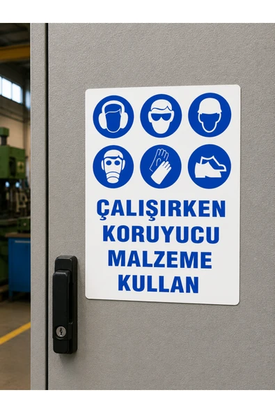 Çalışırken Koruyucu Malzeme Kullan Uyarı Levhası Dekota PVC 25x35 cm İş Güvenliği Tabelası ürün görseli 1