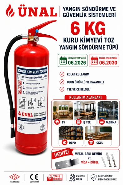 6 kg Yangın Söndürme Tüpü Kuru Kimyevi Toz 06.2026 Üretim 06.2030 Terkar Dolum Metal Askı ürün görseli 1