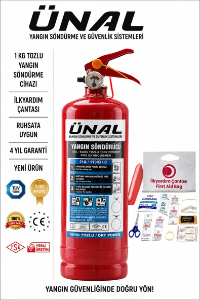 1 kg Tozlu Yangın Söndürücü + İlk Yardım Çantası Ruhsata Uygun Araç İçin Ev İçin ürün görseli 1