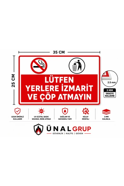 Lütfen Yerlere İzmarit ve Çöp Atmayın Uyarı Levhası 25X35 Dekota PVC Kolay Montaj ürün görseli 1