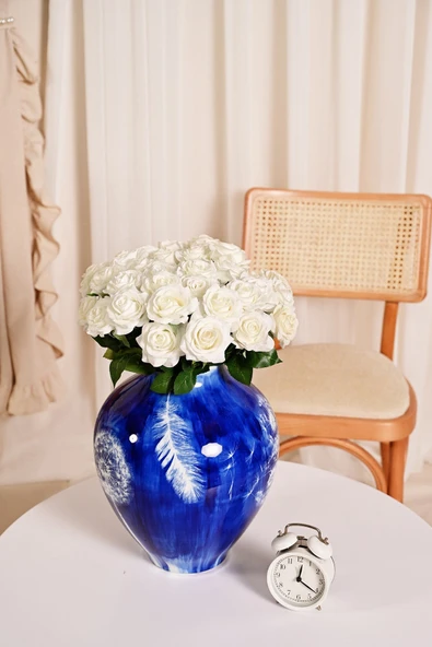 Beyaz Yapay Gül Tek Dal Premium Canlı Islak Dokulu 45 cm ürün görseli 1