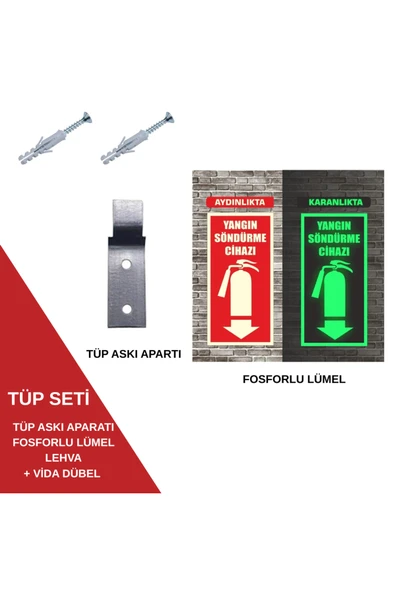 Yangın Tüpü Fosforlu Yön Levhası + Askı Aparatı + Vida + Dübel Kolay Montaj ürün görseli 1