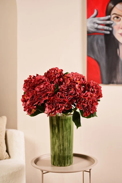 Kırmızı Yapay  Ortanca Çiçeği Tek Dal Premium Canlı Islak Dokulu 68 cm ürün görseli 1