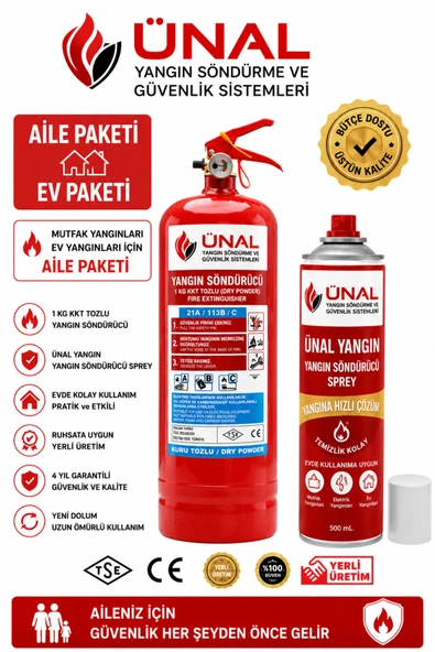 Aile Paketi 1 kg KKT Yangın Söndürme Tüpü + 500 ml Yangın Söndürme Spreyi Ev ve Mutfak ürün görseli 1