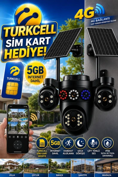 EsVision 7020 4 Kameralı 4G Çift Solar Panel HiEasy AOV (Sürekli Kayıt) Gece Görüş Çift Yönlü Ses  Akıllı Kamera Turkcell Sim Kart ürün görseli 1
