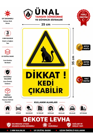Dikkat Kedi Çıkabilir Uyarı Yönlendirme Levhası 25x35 cm Kolay Montaj İkaz Tabelası PVC ürün görseli 1