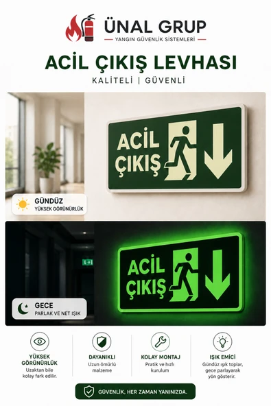 Acil Çıkış-EXIT Aşağı Yön Tabelası 12x25 cm Fotolümenli – Karanlıkta Parlayan ürün görseli 1