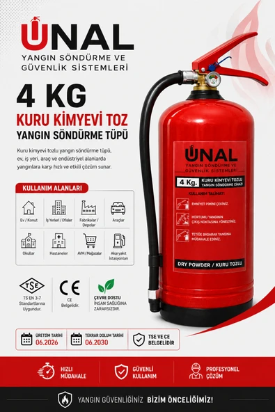 4 kg Kuru Kimyevi Toz Yangın Söndürme Tüpü Üretim 2026 Tekrar Dolum 2030 Ev İş Yeri Araç ürün görseli 1