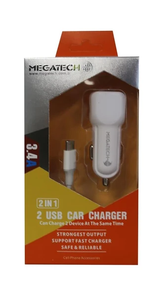 Megatech T05 2Usb 3.4A Beyaz Araç Çakmaklık Şarj Cihazı ürün görseli 1