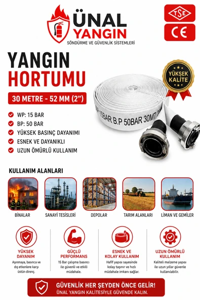 30 Metre Yangın Hortumu 52 mm (2) Wp 15 bar Bp 50 bar TSE & CE Belgeli Yüksek Basınç ürün görseli 1