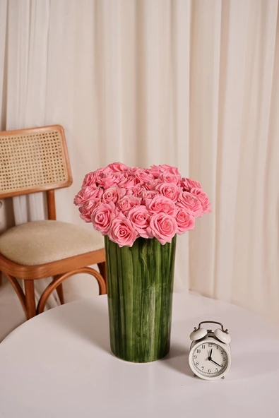 Pembe Yapay Gül Tek Dal Premium Canlı Islak Dokulu 45 cm ürün görseli 1