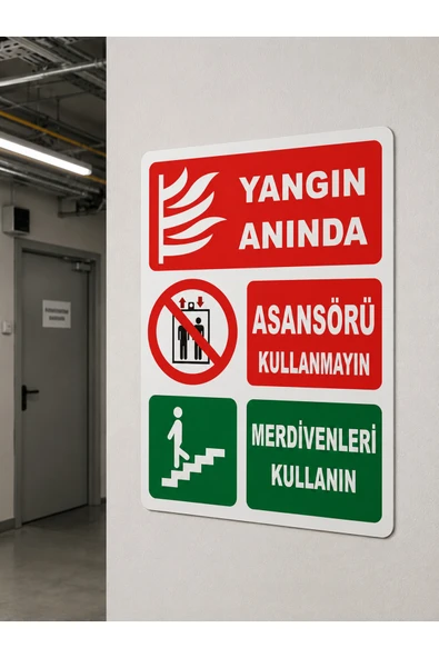 Yangın Anında Asansörü Kullanmayın Uyarı Levhası 25x35 cm İş Güvenliği Tabelası Dekota PVC ürün görseli 1