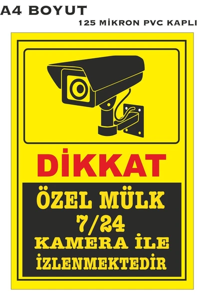 Özel Mülk 7/24 Kamera Kaydi A4 PVC Kapli Uyarı Levhası Kolay Montaj İkaz Tabelası ürün görseli 1