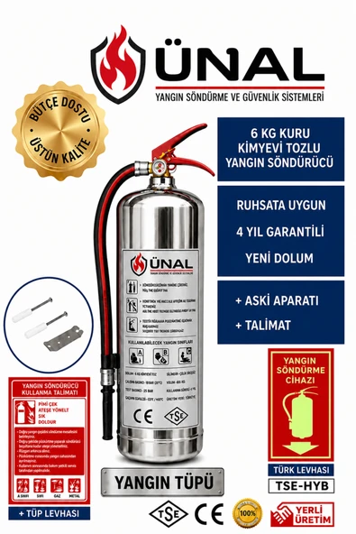 Söndürme 6 kg Kuru Kimyevi Tozlu Yangın Tüpü Paslanmaz Krom Gövde Askı Aparatlı ürün görseli 1