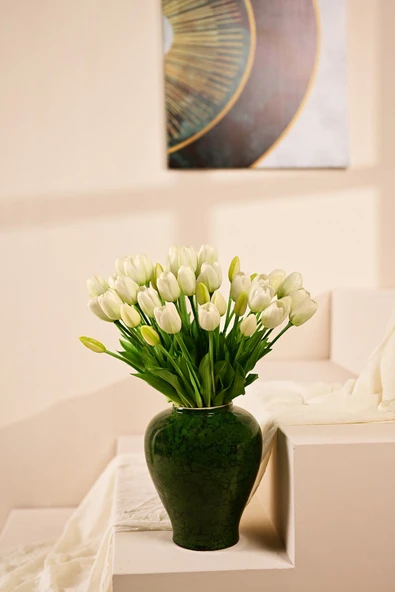 Beyaz Yapay Tulipa Lale Çiçeği Buketi 5 Dallı Premium Canlı Islak Dokulu  43 cm ürün görseli 1