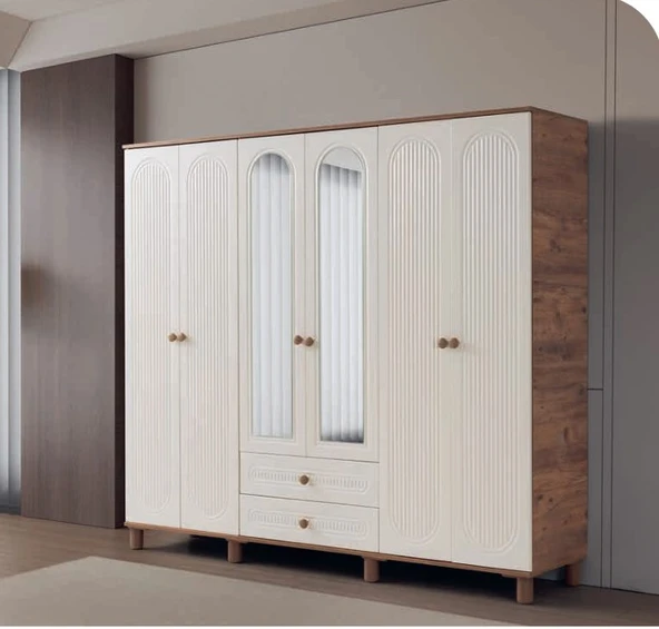 BOHEM MDF 6 KAPILI DOLAP CEVİZ-EKRU ürün görseli 1