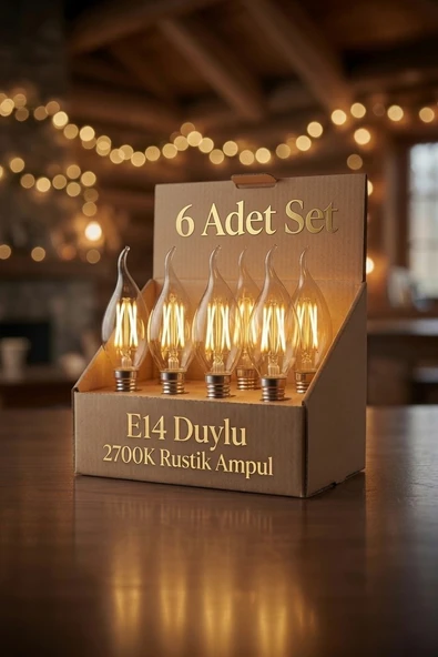 6'lı Set E14 Rustik LED Mum Ampul 2700K Amber Işık – C35 Dekoratif Filament Ampul – Enerji Tasarruflu ürün görseli 1