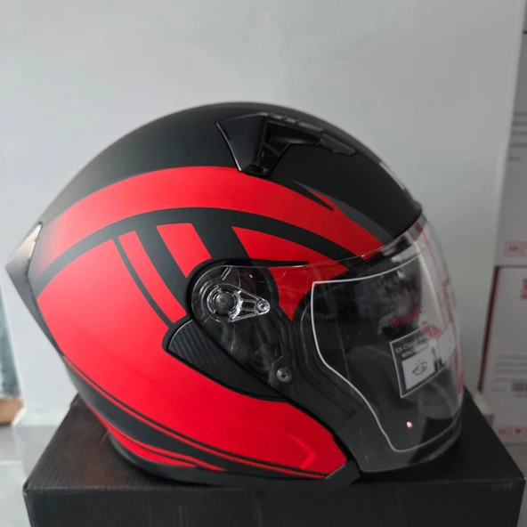 ÇENESİZ KASK JK528-1 MGE VİZÖRLÜ MAT SİYAH KIRMIZI L ürün görseli 1