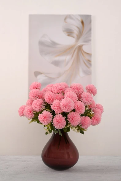 Pembe  Yapay  Krizantem Çiçeği Demeti 9 Dallı   Lüx İpeksi Dokulu 37 cm ürün görseli 1
